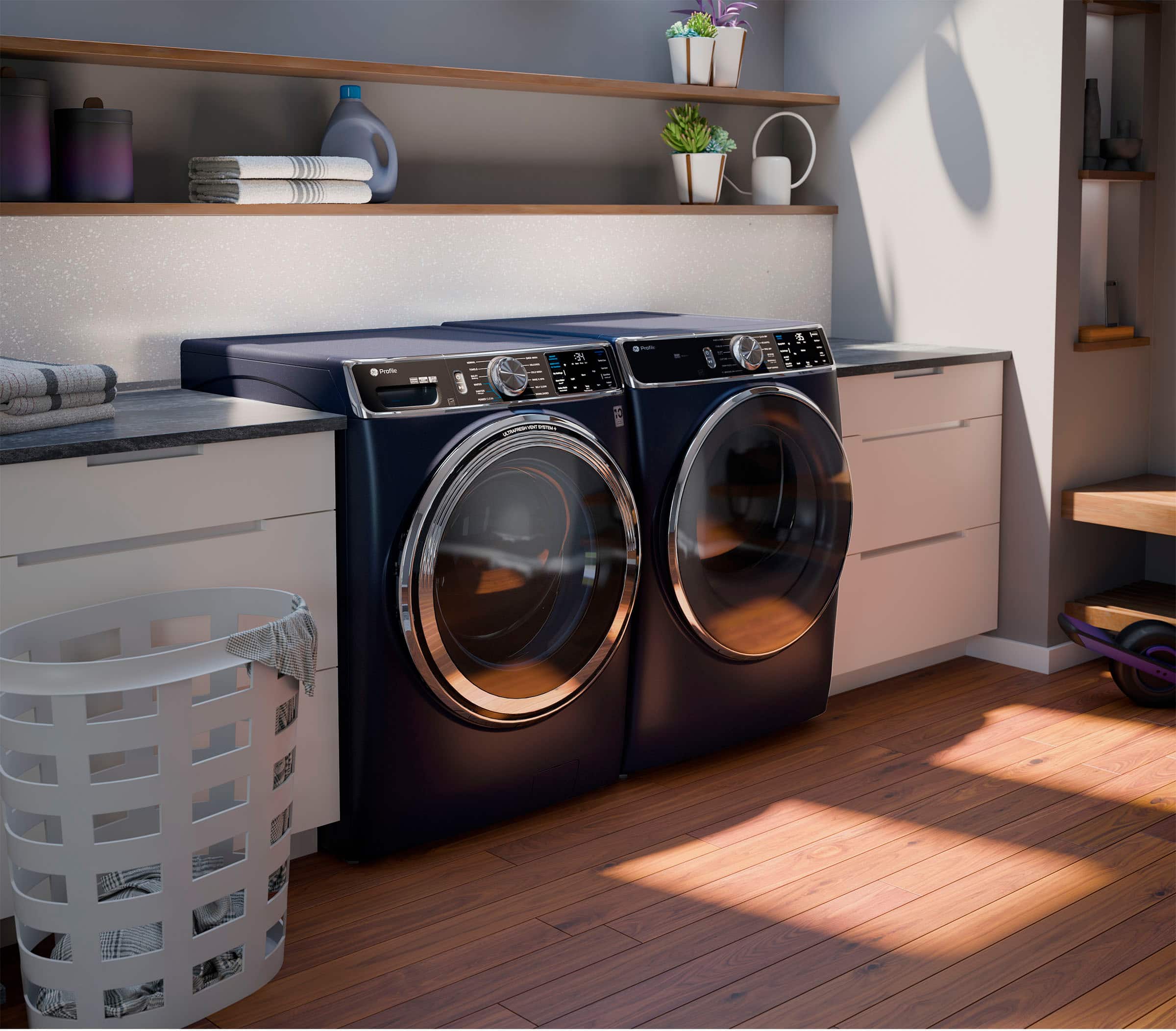 Alt View 23. GE Profile - 5.3 Cu. Ft. Stackable Smart Front Load Washer with Steam and UltraFresh Vent System+ With OdorBlock - Sapphire Blue.