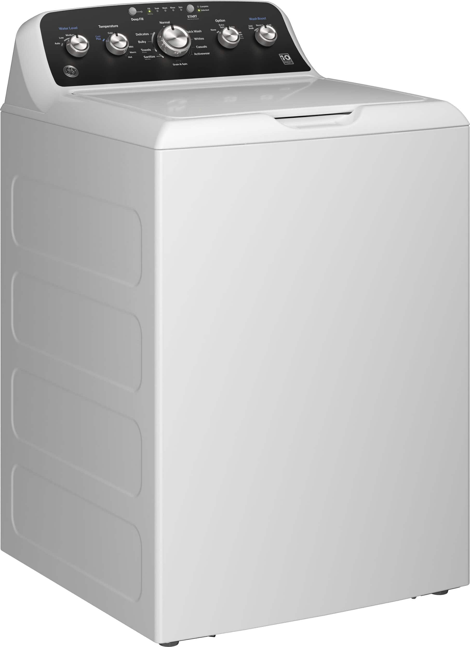 Angle. GE - 4.5 Cu. Ft. High-Efficiency Top Load Washer with Wash Boost - White with Matte Black.