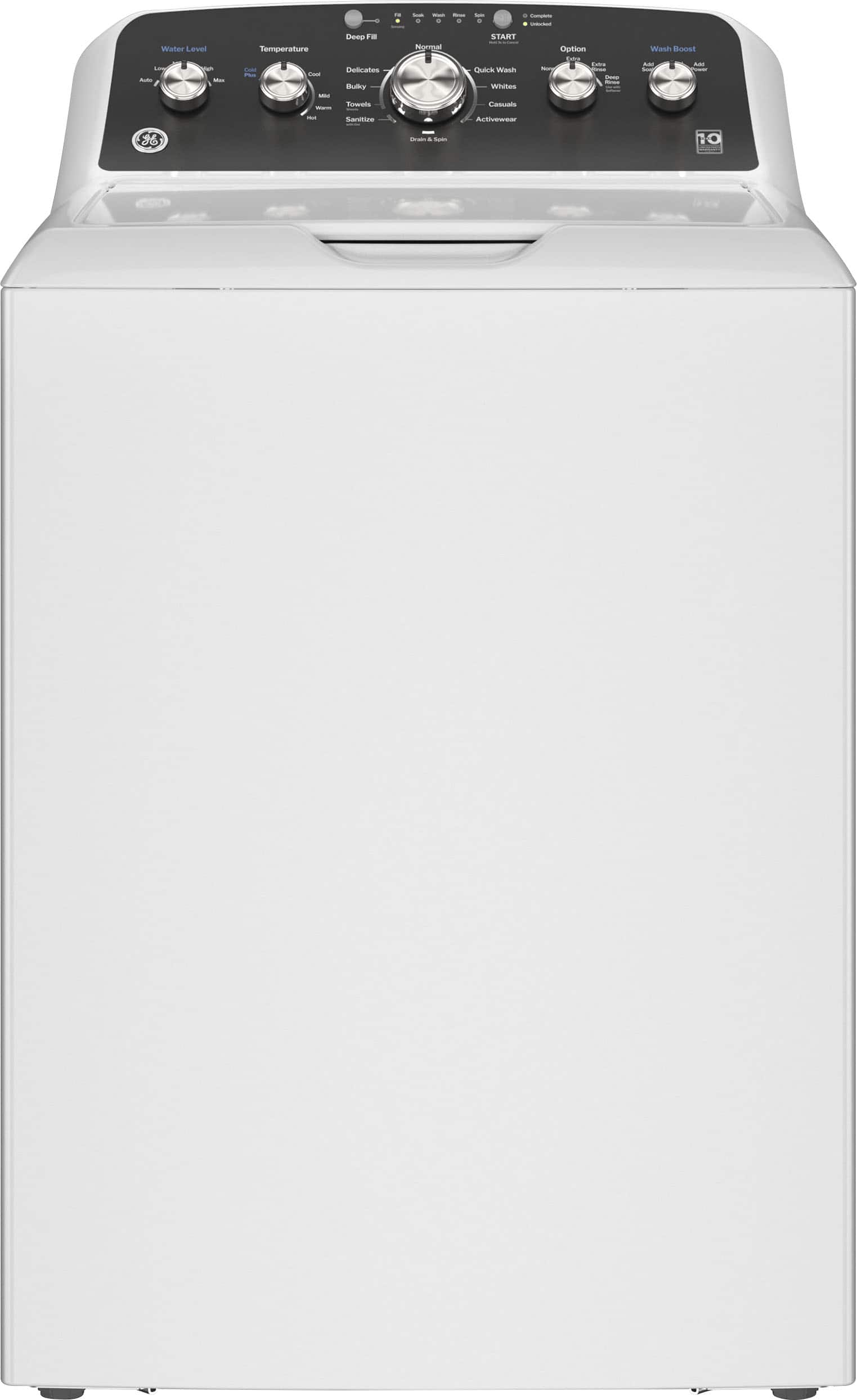 Front. GE - 4.5 Cu. Ft. High-Efficiency Top Load Washer with Wash Boost - White with Matte Black.