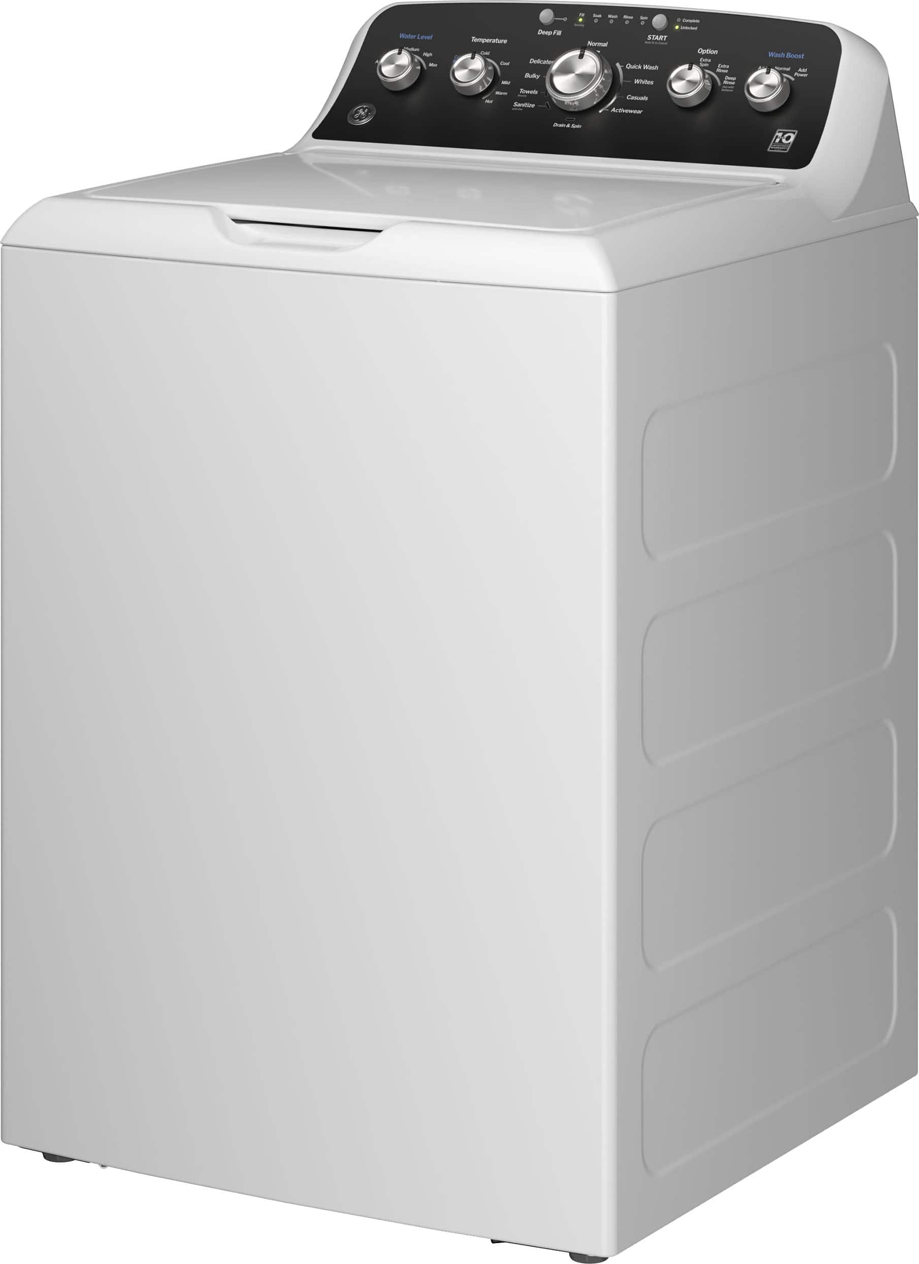 Left. GE - 4.5 Cu. Ft. High-Efficiency Top Load Washer with Wash Boost - White with Matte Black.