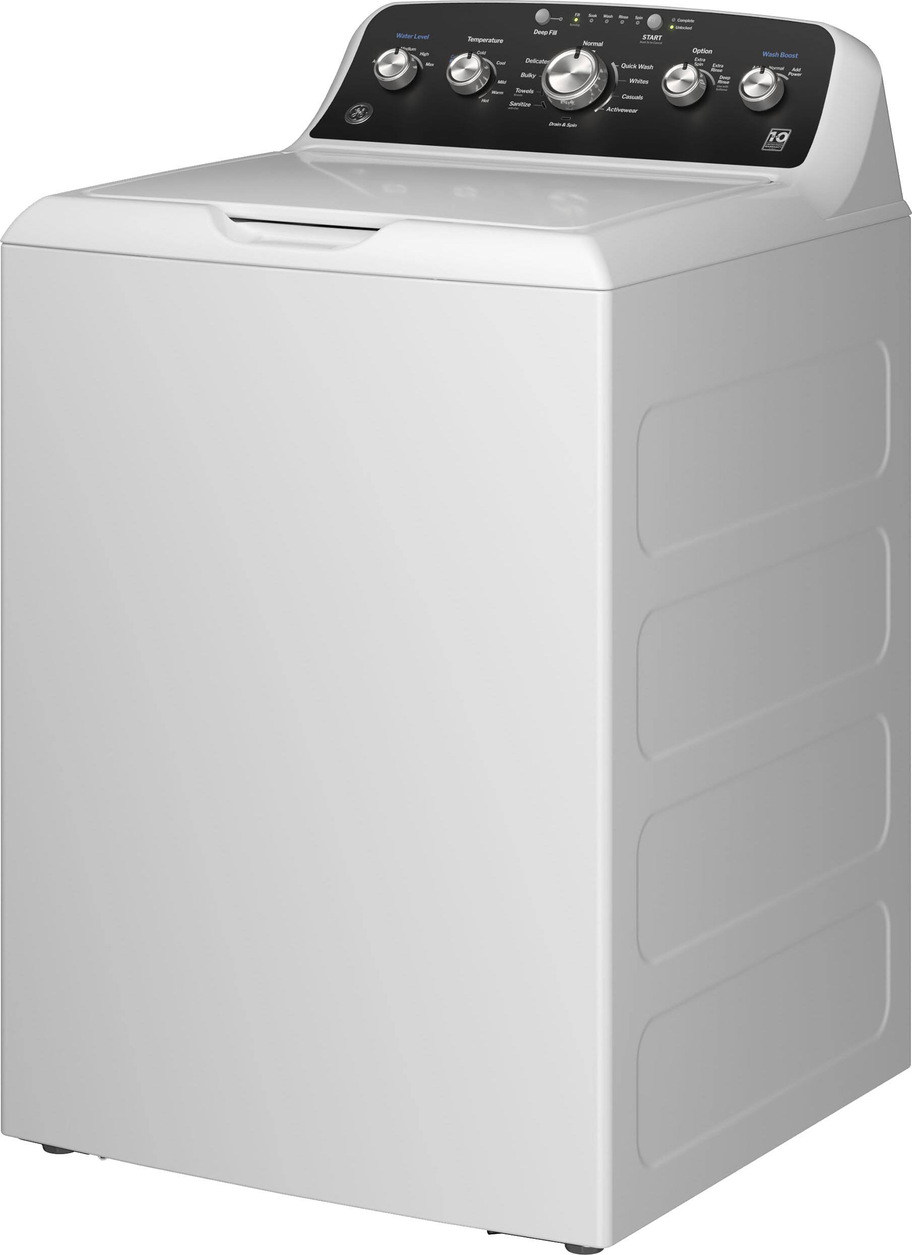 Left. GE - 4.5 Cu. Ft. High-Efficiency Top Load Washer with Wash Boost - White with Matte Black.