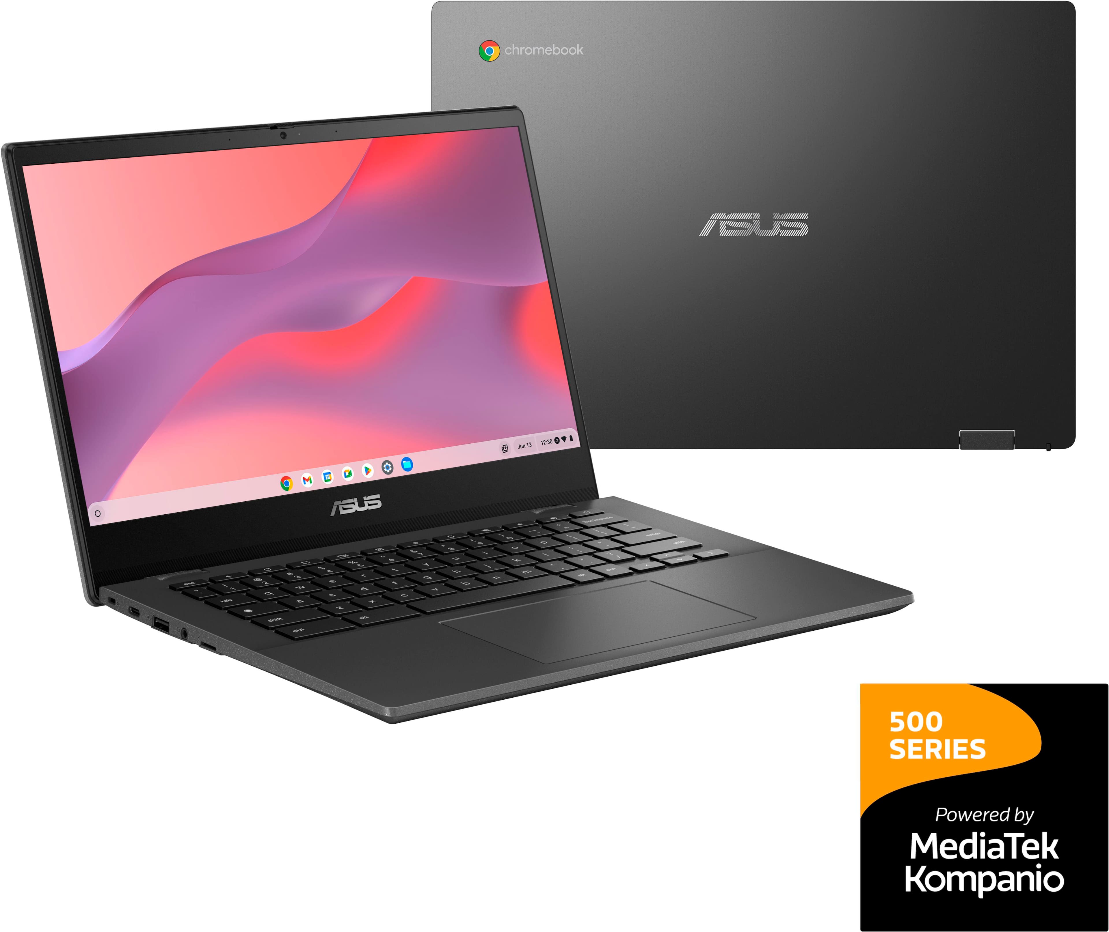 The image features a black laptop computer, specifically an ASUS Chromebook, with a pink background. The laptop is open and ready for use. The product is part of the 500 Series and is powered by the MediaTek Kompanio.