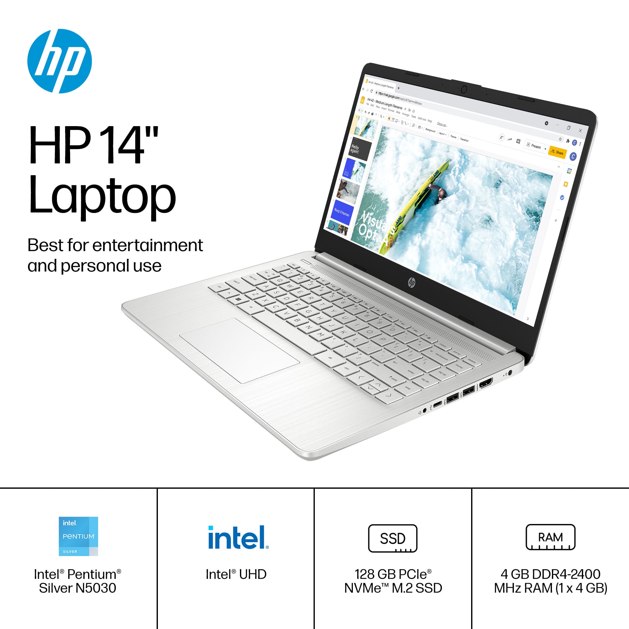 The text on the image is grouped and corrected as follows:
HP 14" Laptop: Best for entertainment and personal use
- & e - - a - .. - - . - ! - Optie Visuals - 1 S 5 - W S L 4 S4 3 M t + - - 7 I - Y - C % & 7 - N M K ~ V 2 - - - - - 1 I - - ~ P > 1 - L - . - a - d intel PONTIUM ... intel. SSD RAM Intel Pentium Silver N5030 Intel UHD 128 GB PCle 1M NVMe M.2 SSD 4 GB DDR4-2400 MHz RAM (1 x 4 GB)