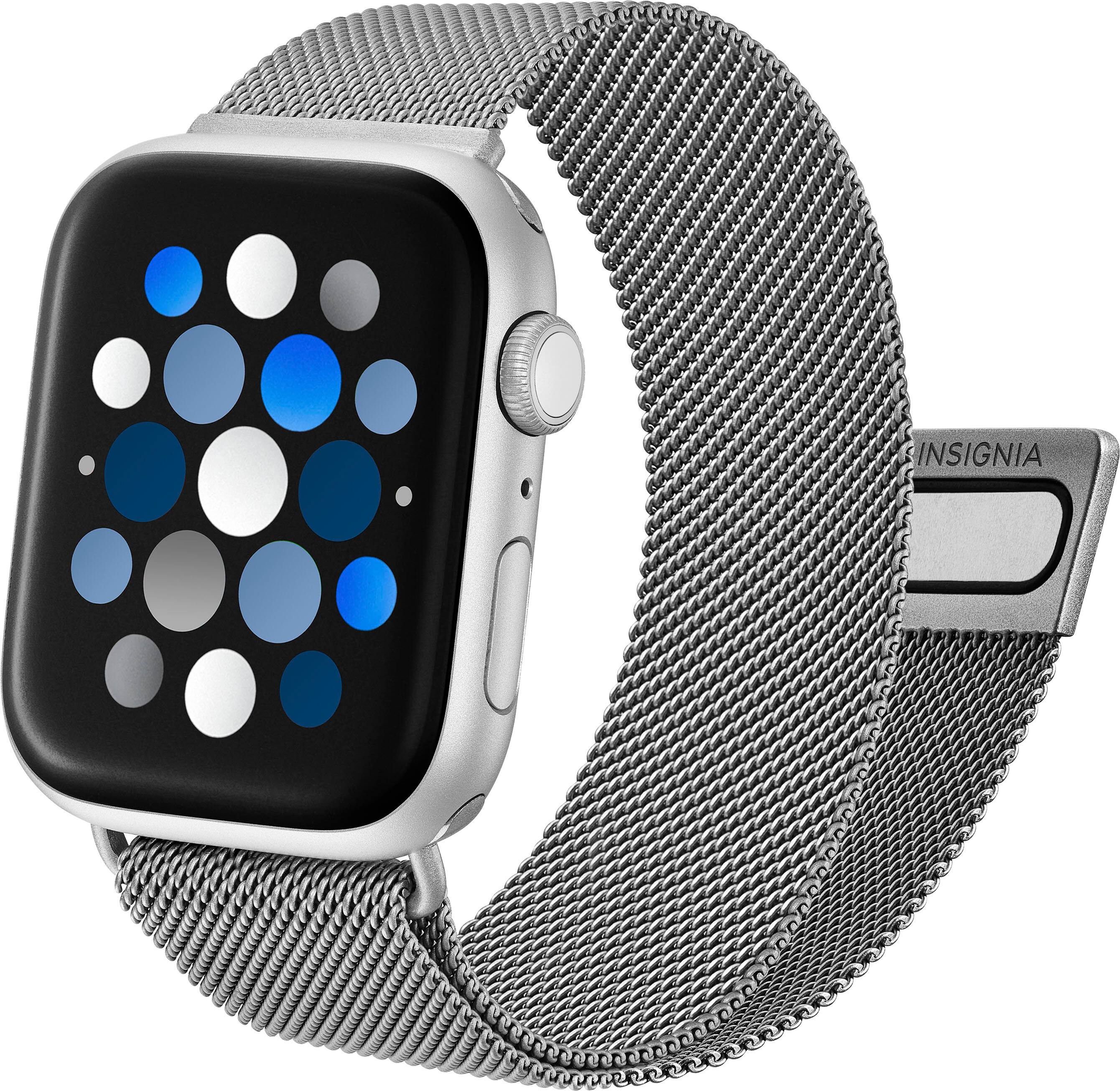 Left. Insignia™ - Stainless Steel Mesh Band for Apple Watch 42mm, 44mm, 45mm, 49mm, SE, Ultra and Ultra 2 49mm - Silver.