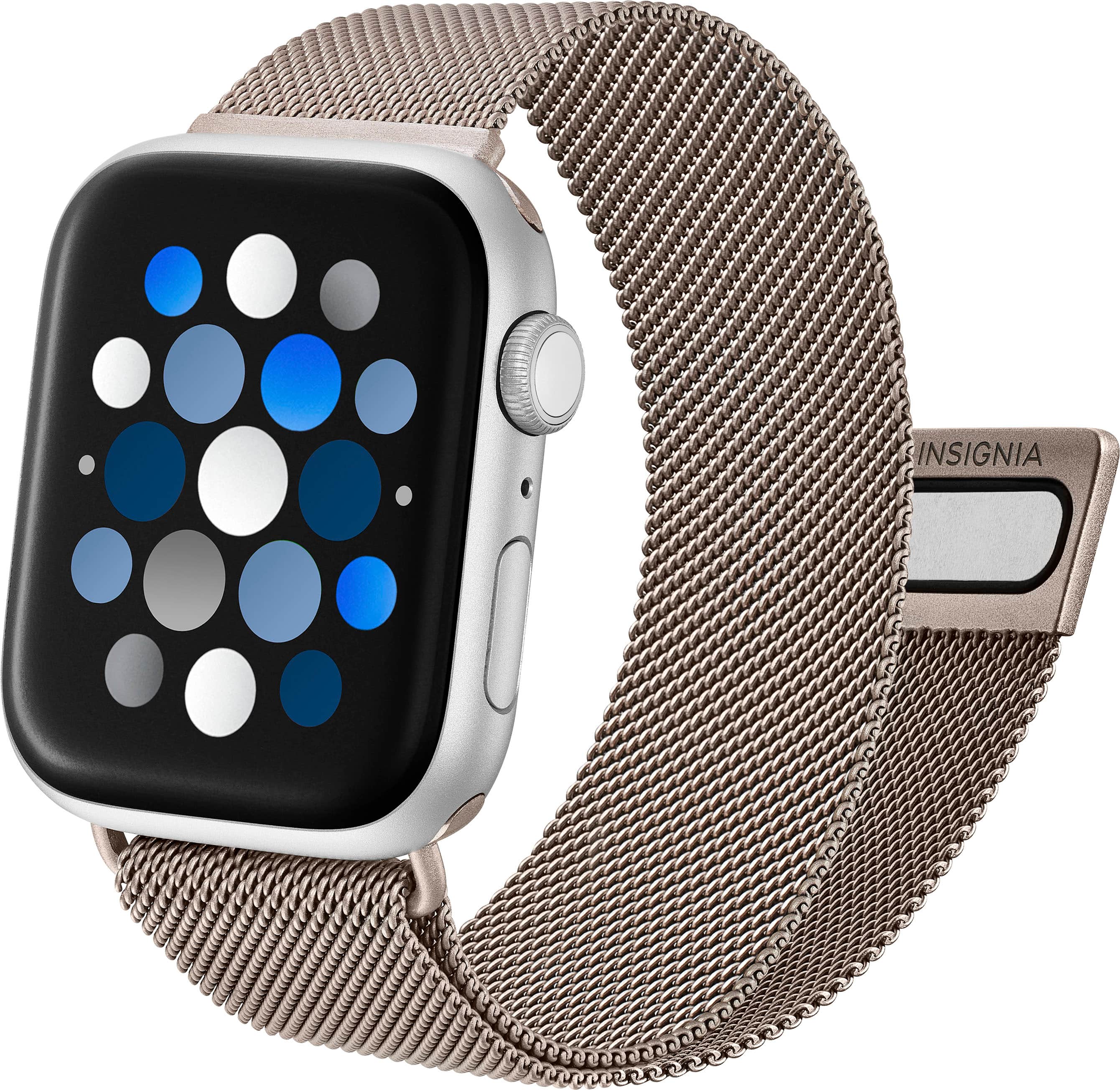 Left. Insignia™ - Stainless Steel Mesh Band for Apple Watch 42mm, 44mm, 45mm, 49mm, SE, Ultra and Ultra 2 49mm - Champagne.