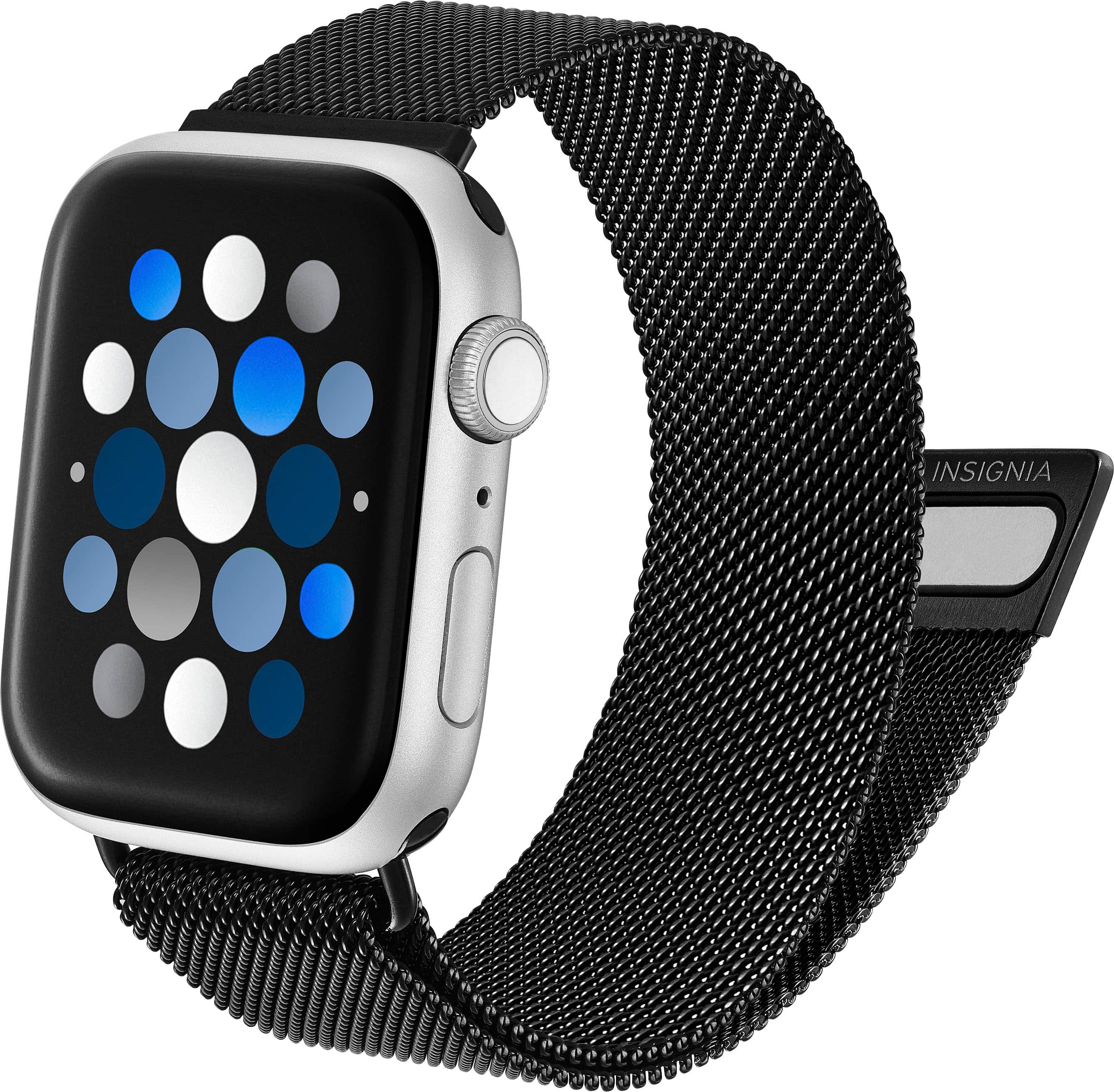 Left. Insignia™ - Stainless Steel Mesh Band for Apple Watch 42mm, 44mm, 45mm, 49mm, SE, Ultra and Ultra 2 49mm - Black.
