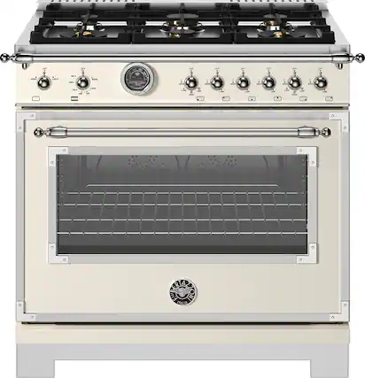 Front. Bertazzoni - 36" Heritage Series range - Gas Oven - 6 brass burners - Ivory.