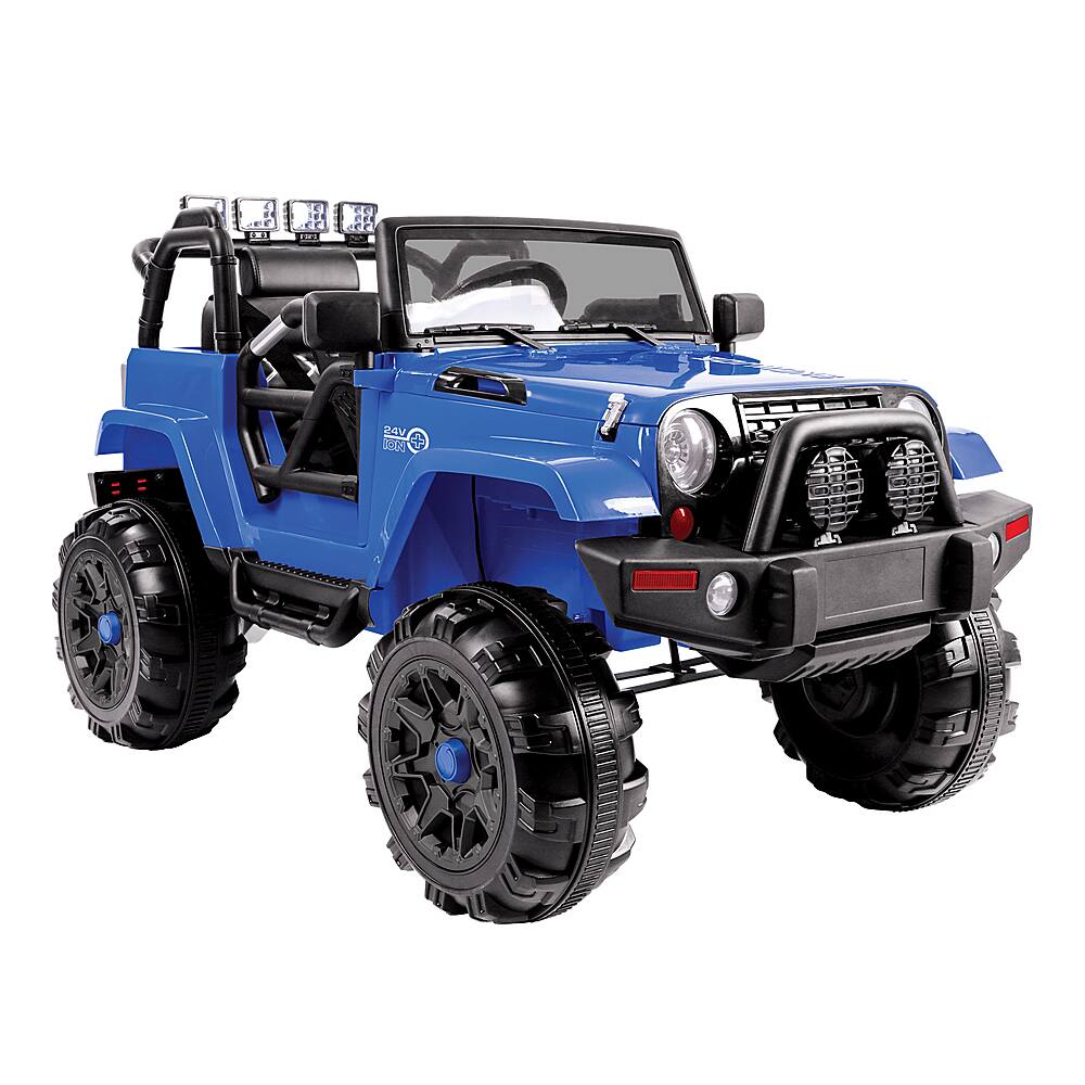 The text on the image reads "E d F LI  E CC I CO PE ad  VAS S00." However, this text does not seem to be related to the content of the image, which features a blue Jeep-like vehicle with large tires.