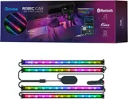 The image features a Govee RGBIC car LED strip light kit, which includes a Bluetooth controller and a 98-foot long strip of lights. The lights are designed to be installed in a car and can be controlled using the Bluetooth controller. The kit is packaged in a box, and the lights are arranged in a row, showcasing their colorful and illuminating features.