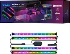The image features a Govee RGBIC car LED strip light kit, which includes a Bluetooth controller and a 98-foot long strip of lights. The lights are designed to be installed in a car and can be controlled using the Bluetooth controller. The kit is packaged in a box, and the lights are arranged in a row, showcasing their colorful and illuminating features.