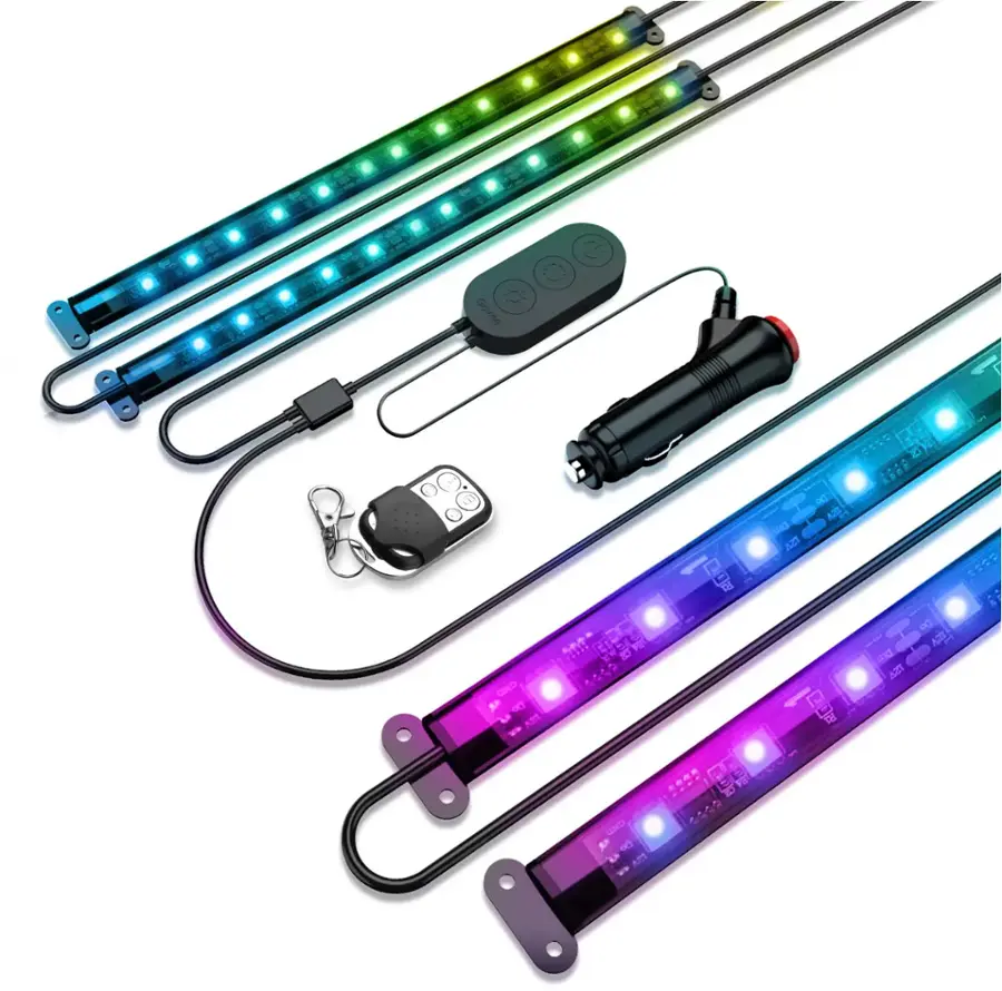 The image features a collection of colorful lights, including a rainbow-colored light, a black light, and a blue light. These lights are arranged in a row, showcasing their vibrant colors. There are also two car remotes displayed, one of which is a key fob. The overall scene is visually appealing and highlights the variety of colors and accessories available.