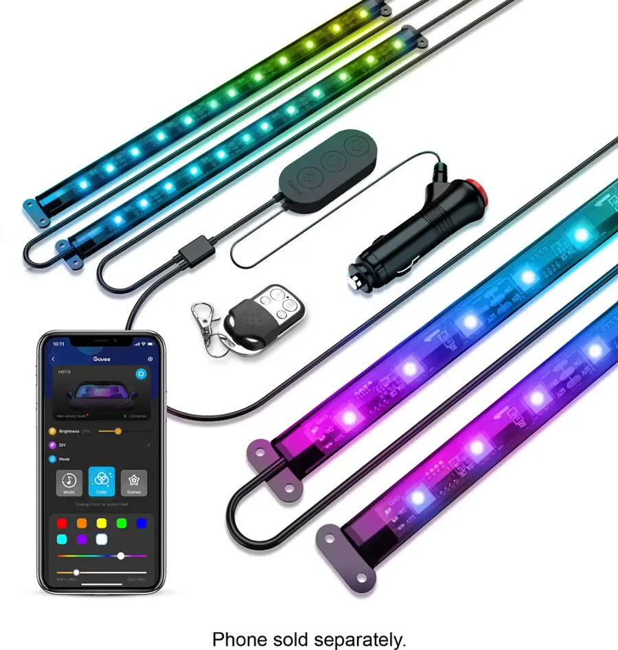 The image features a collection of colorful LED lights, including a strip of lights and a smartphone app. The app is designed to control the lights, allowing users to customize their lighting setup. The lights are arranged in a row, with some appearing to be rainbow-colored. The app is displayed on the smartphone, which is placed next to the lights. The scene showcases the versatility and customization options offered by the LED lights and the accompanying app.