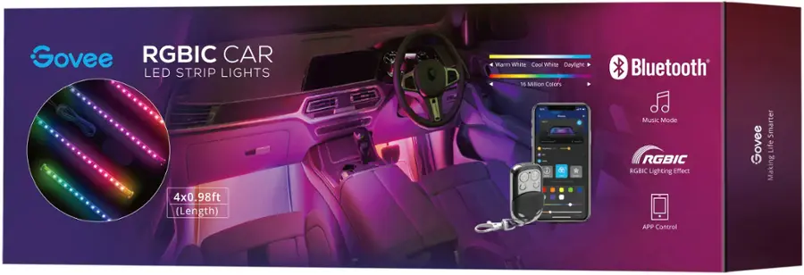 The image features a box containing Govee RGBIC CAR LED L STRIP LIGHTS. The lights are designed to be used in cars and have a Bluetooth connection. The box also includes a steering wheel and a cell phone, which are part of the car's interior. The lights are colorful and can be controlled using a smartphone app. The box is purple and has a large Govee logo on it.