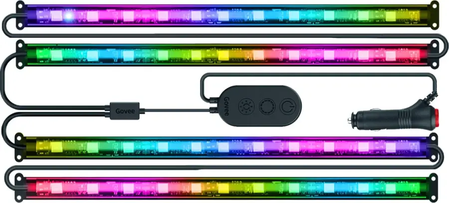 The image features a row of colorful LED lights, which are part of a Govee strip light. The lights are arranged in a linear fashion, and they come in a variety of colors, including purple, blue, green, and red. The strip light is designed to be used as a decorative element, adding a vibrant and lively touch to any space. The lights are connected to a power source, and they can be easily controlled with a remote, allowing users to adjust the brightness and color of the lights to suit their preferences.