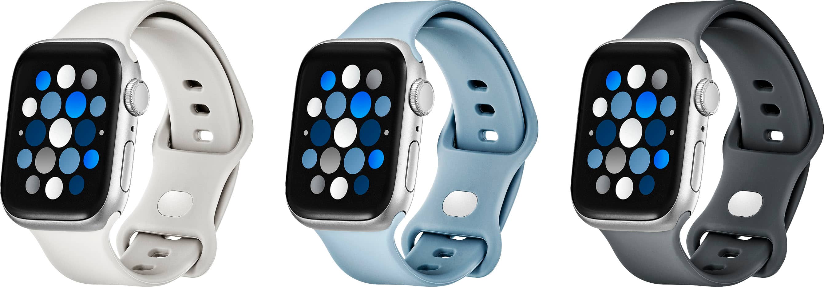 Left. Best Buy essentials™ - Silicone Band for Apple Watch 38mm, 40mm and 41mm (3-Pack) - Starlight, Blue/Gray and Gray.