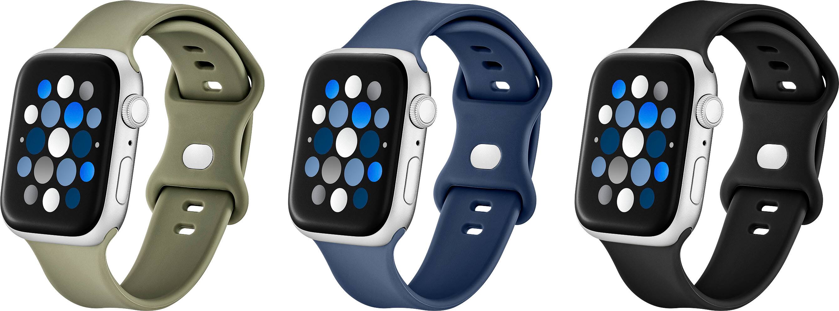 Left. Best Buy essentials™ - Silicone Band for Apple Watch 42mm, 44mm, 45mm, SE, Ultra 49mm and Ultra 2 49mm (3-Pack) - Navy, Green and Black.