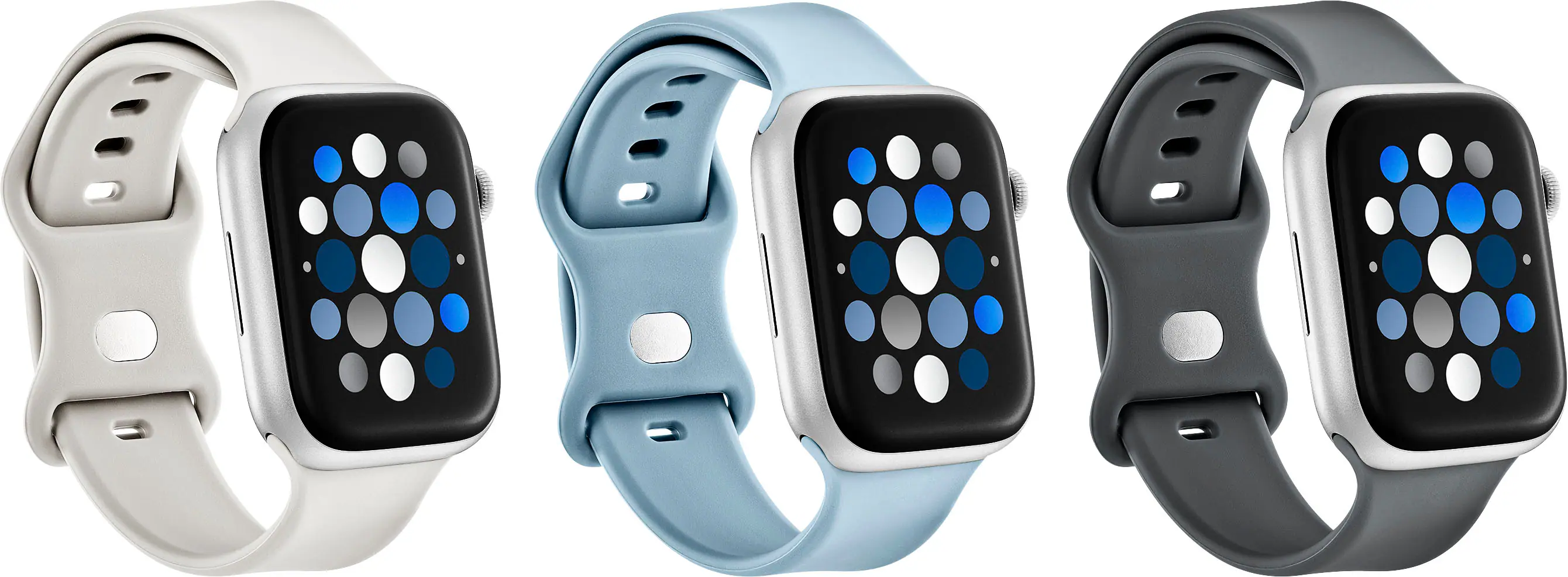 Angle. Best Buy essentials™ - Silicone Bands for Apple Watch 42mm, 44mm, 45mm, SE, Ultra 49mm and Ultra 2 49mm (3-Pack) - Starlight, Blue/Gray and Gray.