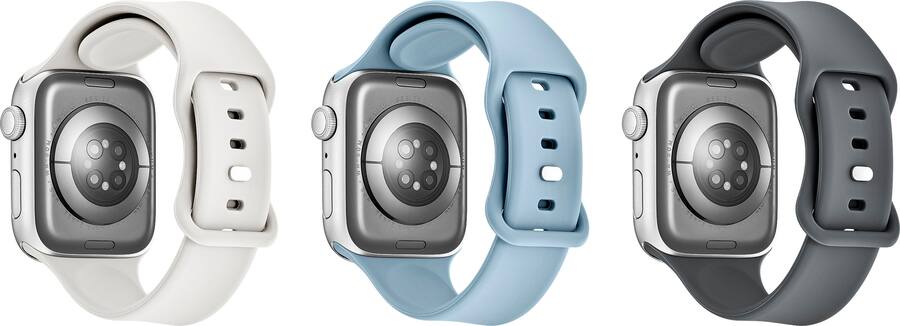 Best Buy essentials Silicone Bands for Apple Watch 44mm 45mm SE 46mm Series 10 Ultra 49mm and Ultra 2 49mm 3 Pack Starlight Blue Gray and Gray BE AWB45SIL3GY Open Box Best Buy
