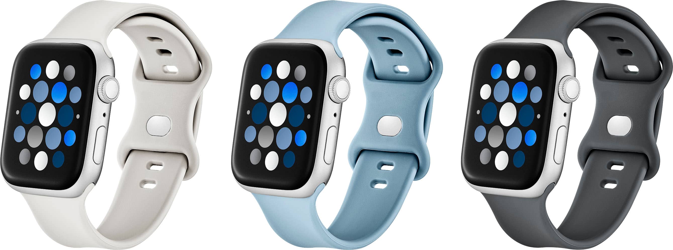 Left. Best Buy essentials™ - Silicone Bands for Apple Watch 42mm, 44mm, 45mm, SE, Ultra 49mm and Ultra 2 49mm (3-Pack) - Starlight, Blue/Gray and Gray.