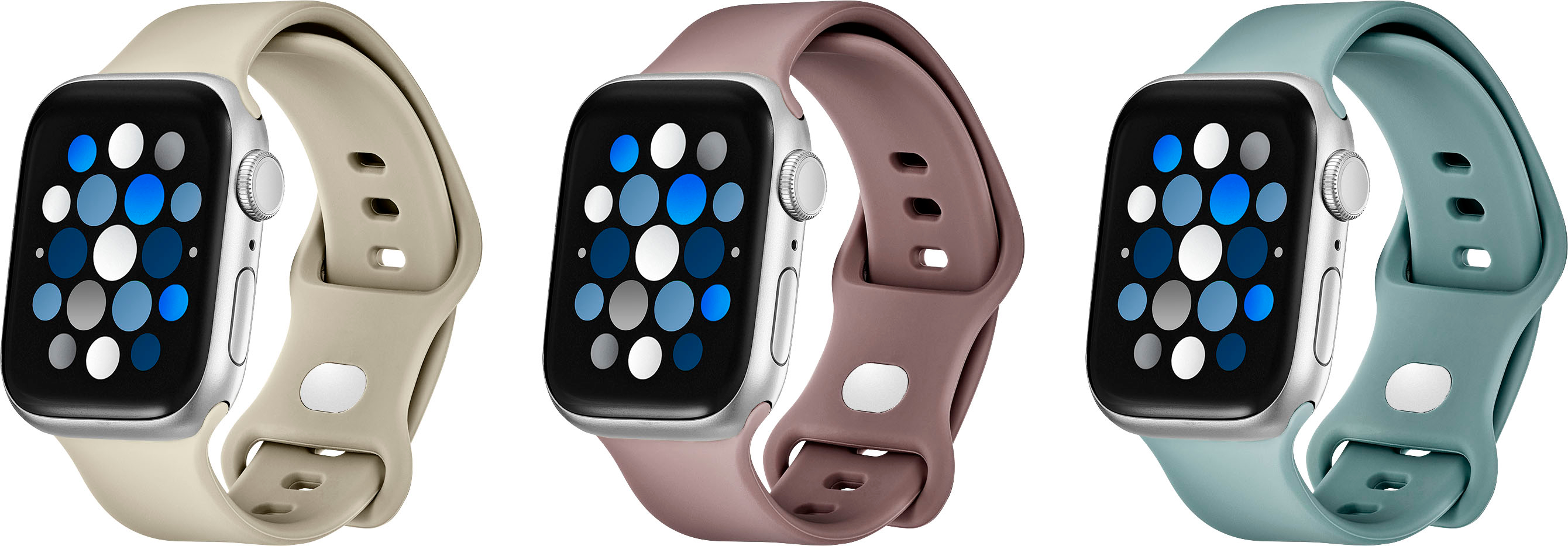 Left. Best Buy essentials™ - Silicone Bands for Apple Watch 38mm, 40mm and 41mm (3-Pack) - Cream, Cherry and Sage Green.