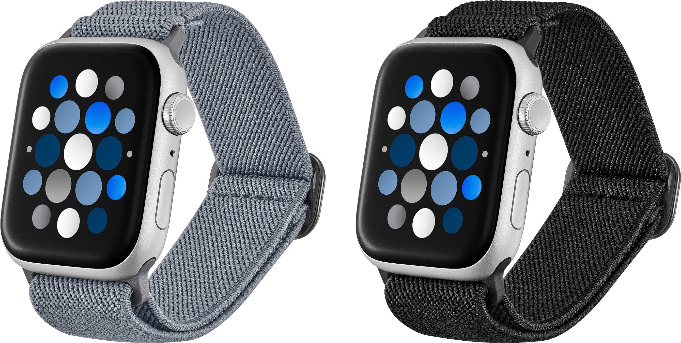Left. Best Buy essentials™ - Nylon Band for Apple Watch 42mm, 44mm, 45mm, SE, Ultra 49mm and Ultra 2 49mm (2-Pack) - Black & Gray.