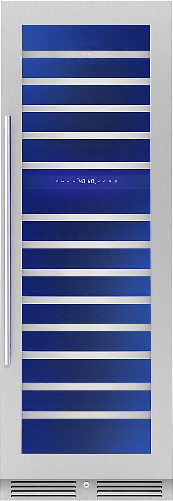 Angle. Zephyr - Presrv 24 in. 132-Bottle Built-In/Freestanding Dual Zone Full Size Wine Cooler with Full-Extension Wood Racks - Stainless Steel/Glass.