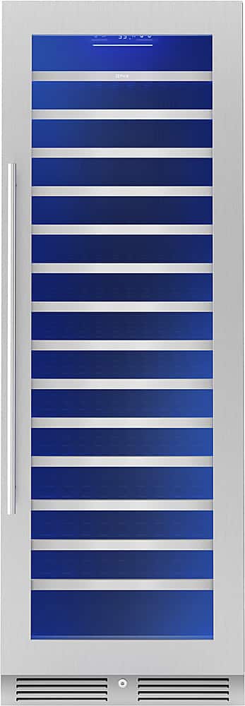 Angle. Zephyr - Presrv 24 in. 142-Bottle Built-In/Freestanding Single Zone Full Size Wine Cooler with Full-Extension Wood Racks - Stainless Steel + Glass.