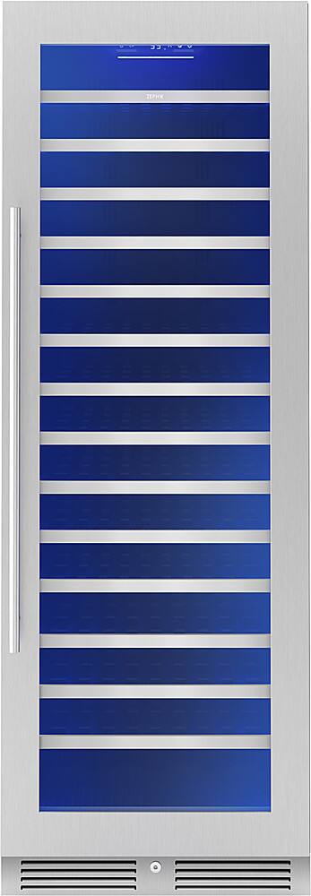 Angle. Zephyr - Presrv 24 in. 142-Bottle Built-In/Freestanding Single Zone Full Size Wine Cooler with Full-Extension Wood Racks - Stainless Steel + Glass.