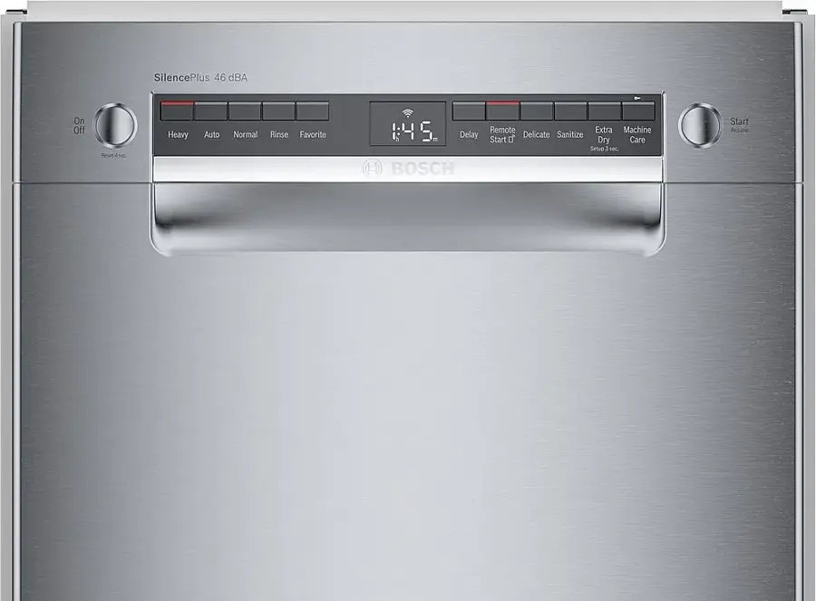 The image shows a stainless steel built-in dishwasher with a digital display. The display shows the time left for the dishwashing cycle, which is currently at 1:45. The dishwasher has a remote control and a timer, allowing users to customize their washing experience. The stainless steel finish adds a sleek and modern touch to the kitchen.
