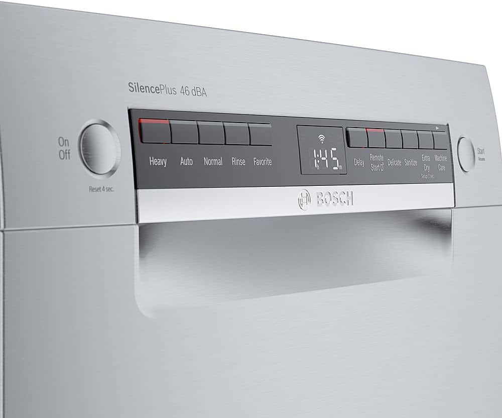 The image features a built-in dishwasher with a control panel that has a digital display. The display shows the time, which is 1:45. The dishwasher is made by Bosch, a well-known brand in the appliance industry. The control panel has various buttons, including one for the auto mode, which is the SilencePlus 46 dBA feature, and another for the normal mode. The dishwasher also has a remote control option, allowing for added convenience.