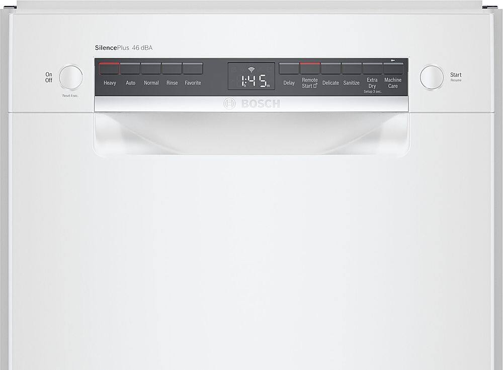 The image features a white built-in dishwasher with a digital display. The display shows the time and the current settings, including the temperature and the washing cycle. The dishwasher has a remote control and a timer, which allows for customizable settings and convenient operation. The appliance is designed to be quiet, with a noise level of only 46 dBA, making it a perfect addition to any kitchen.