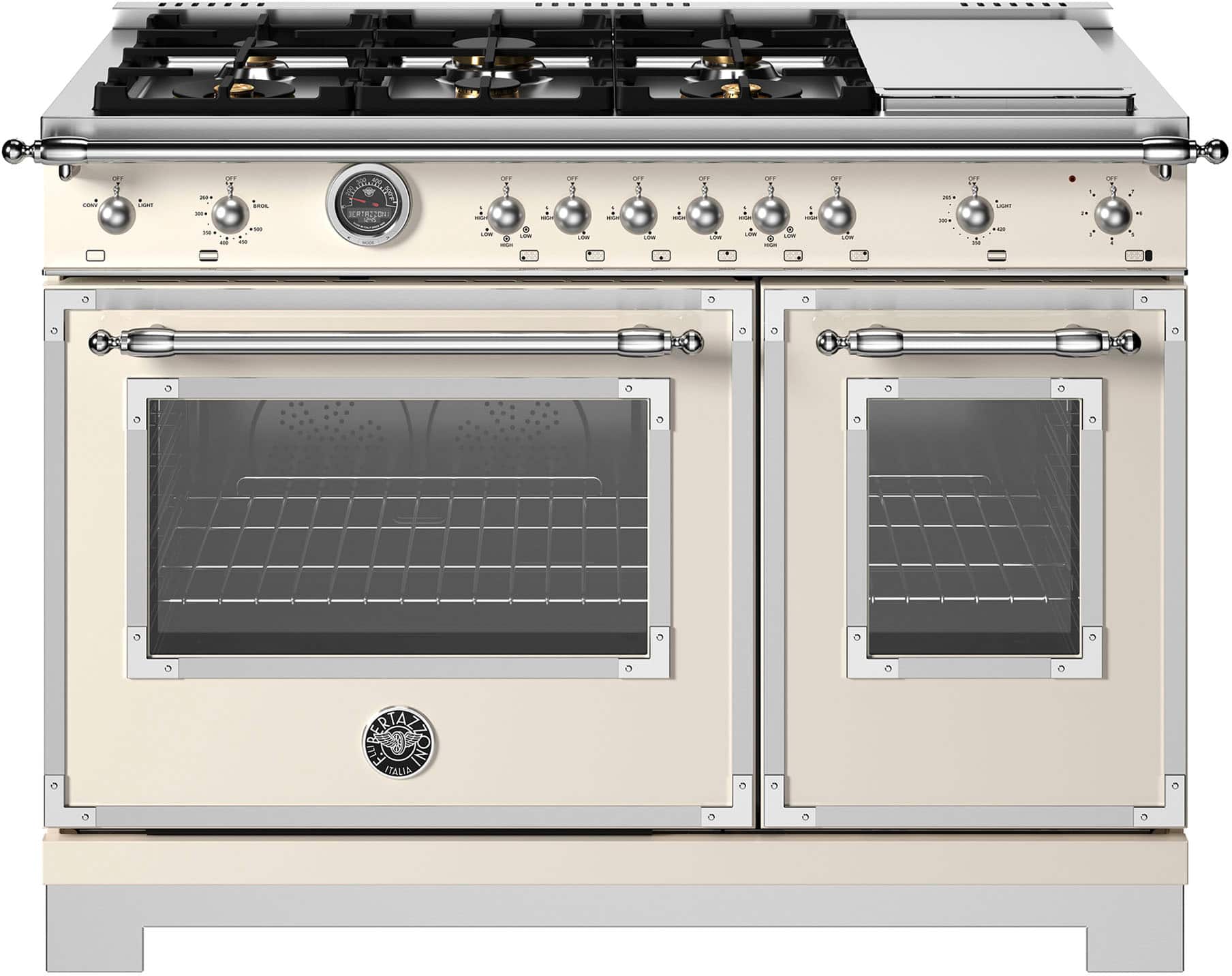 Front. Bertazzoni - 48" Heritage Series range - Gas Oven - 6 brass burners + griddle - Ivory.