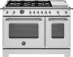 Bertazzoni - 48" Heritage Series range - Gas Oven - 6 brass burners + griddle - Stainless Steel - Front_Zoom