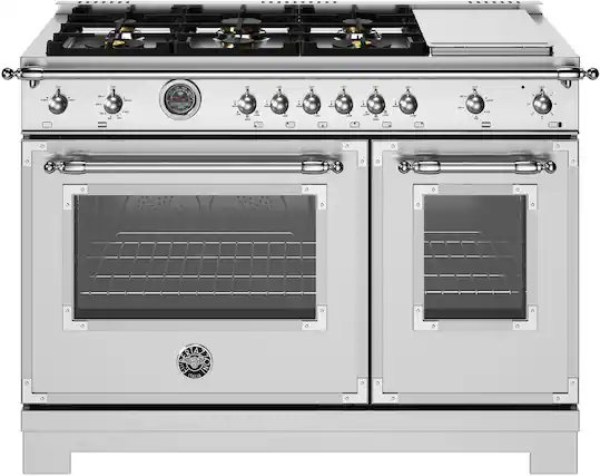 Front. Bertazzoni - 48" Heritage Series range - Gas Oven - 6 brass burners + griddle - Stainless Steel.