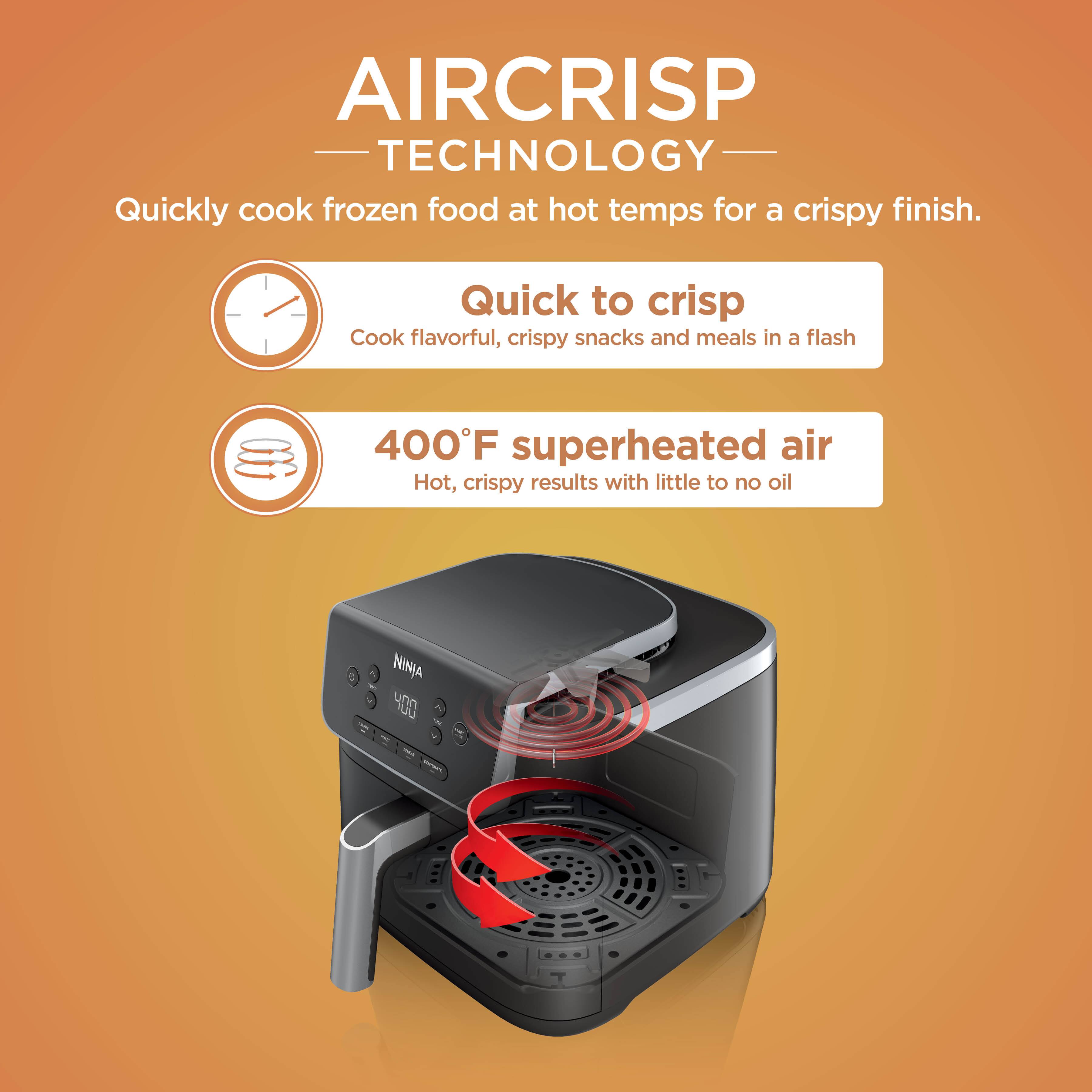 AIRCRISP TECHNOLOGY: Quickly cook frozen food at hot temps for a crispy finish. Quick to crisp: Cook flavorful, crispy snacks and meals in a flash. 400F superheated air: Hot, crispy results with little to no oil.