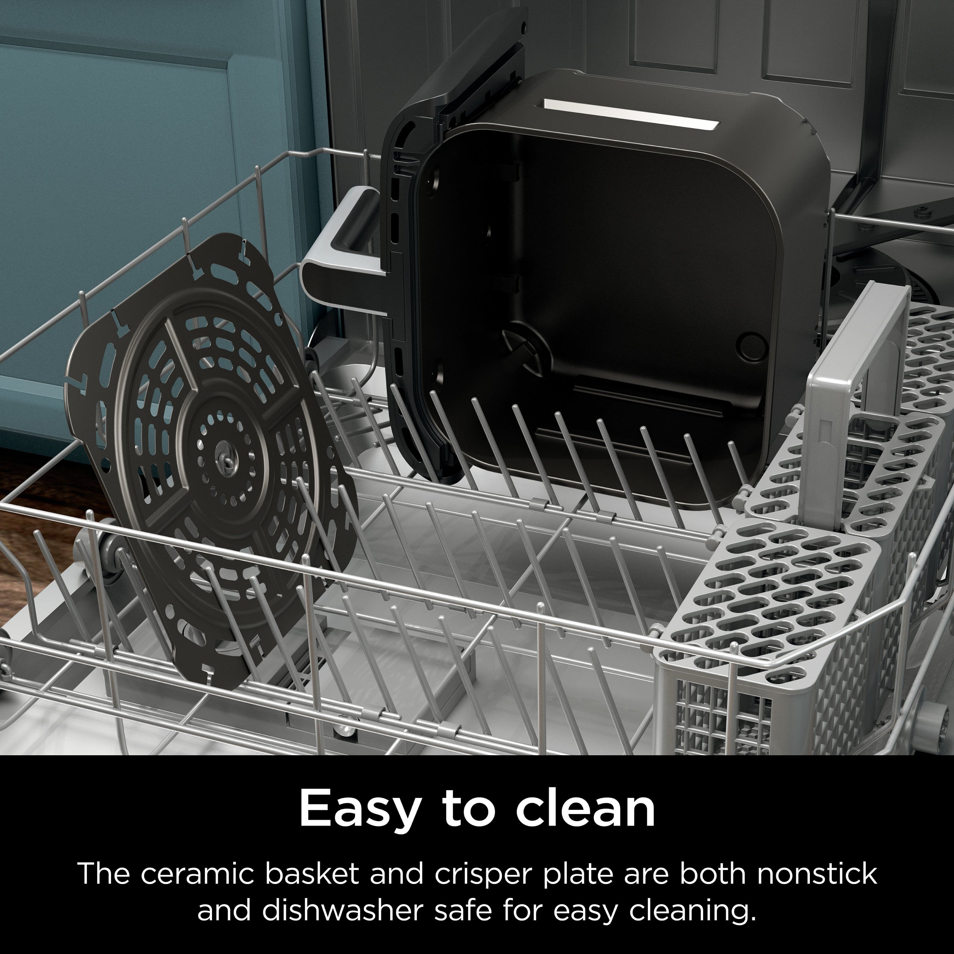 The ceramic basket and crisper plate are both nonstick and dishwasher safe for easy cleaning.