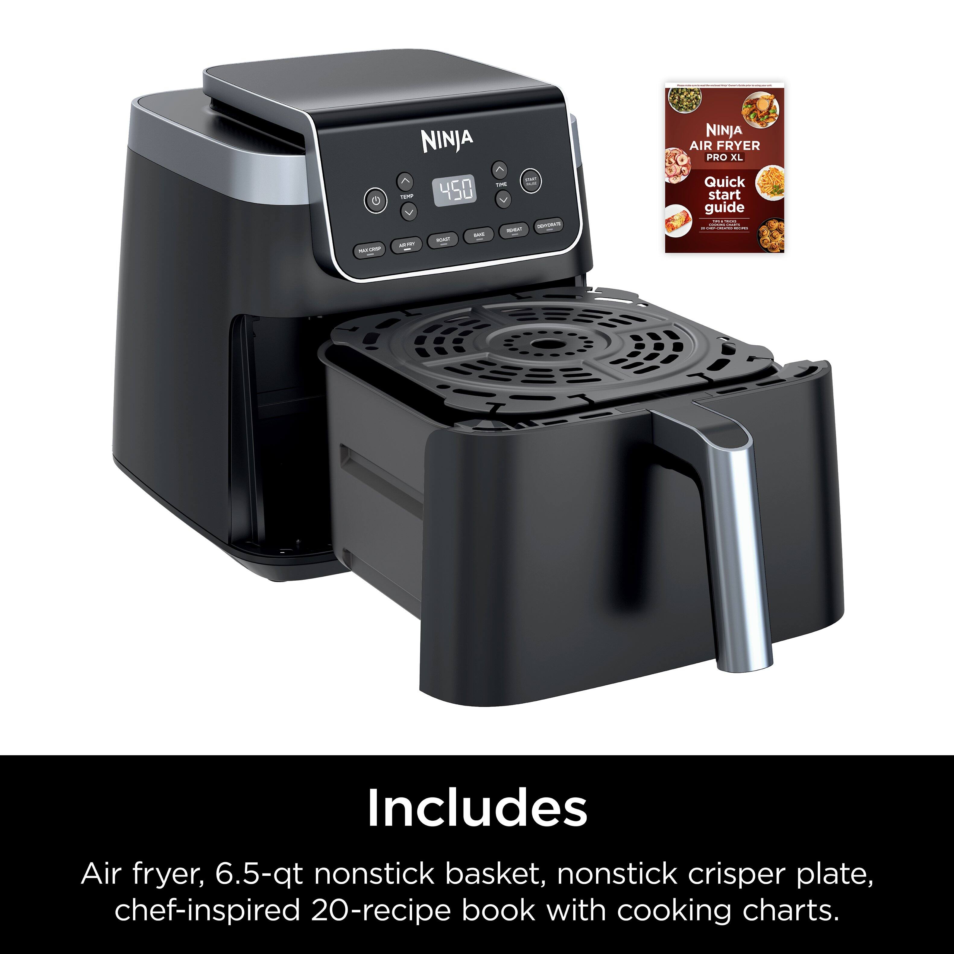 "NINJA 450 - Quick start guide Includes Air fryer, 6.5-qt nonstick basket, nonstick crisper plate, chef-inspired 20-recipe book with cooking charts."