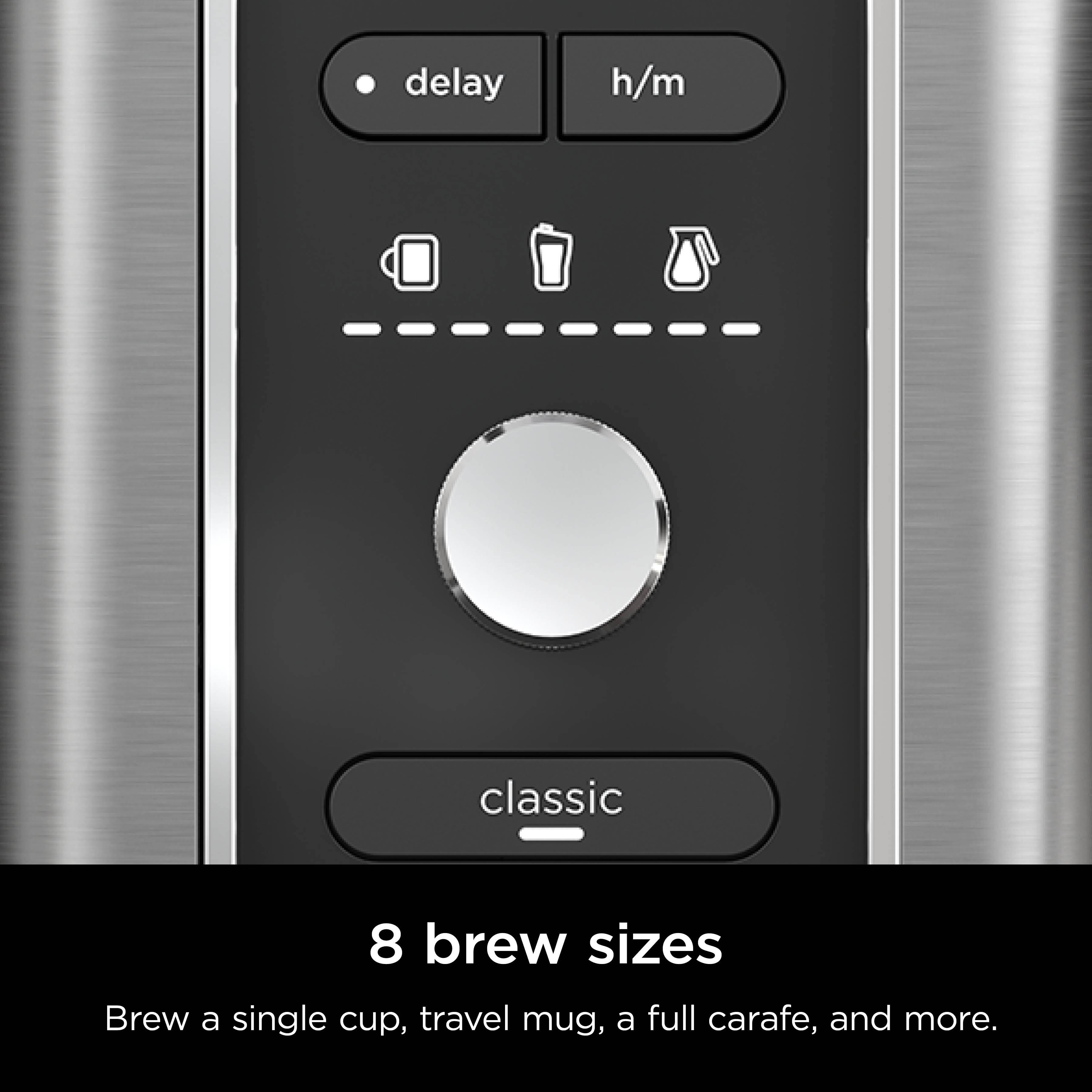 The text on the image is grouped as follows:

1. Delay h/m classic
2. 8 brew sizes
3. Brew a single cup, travel mug, a full carafe, and more.