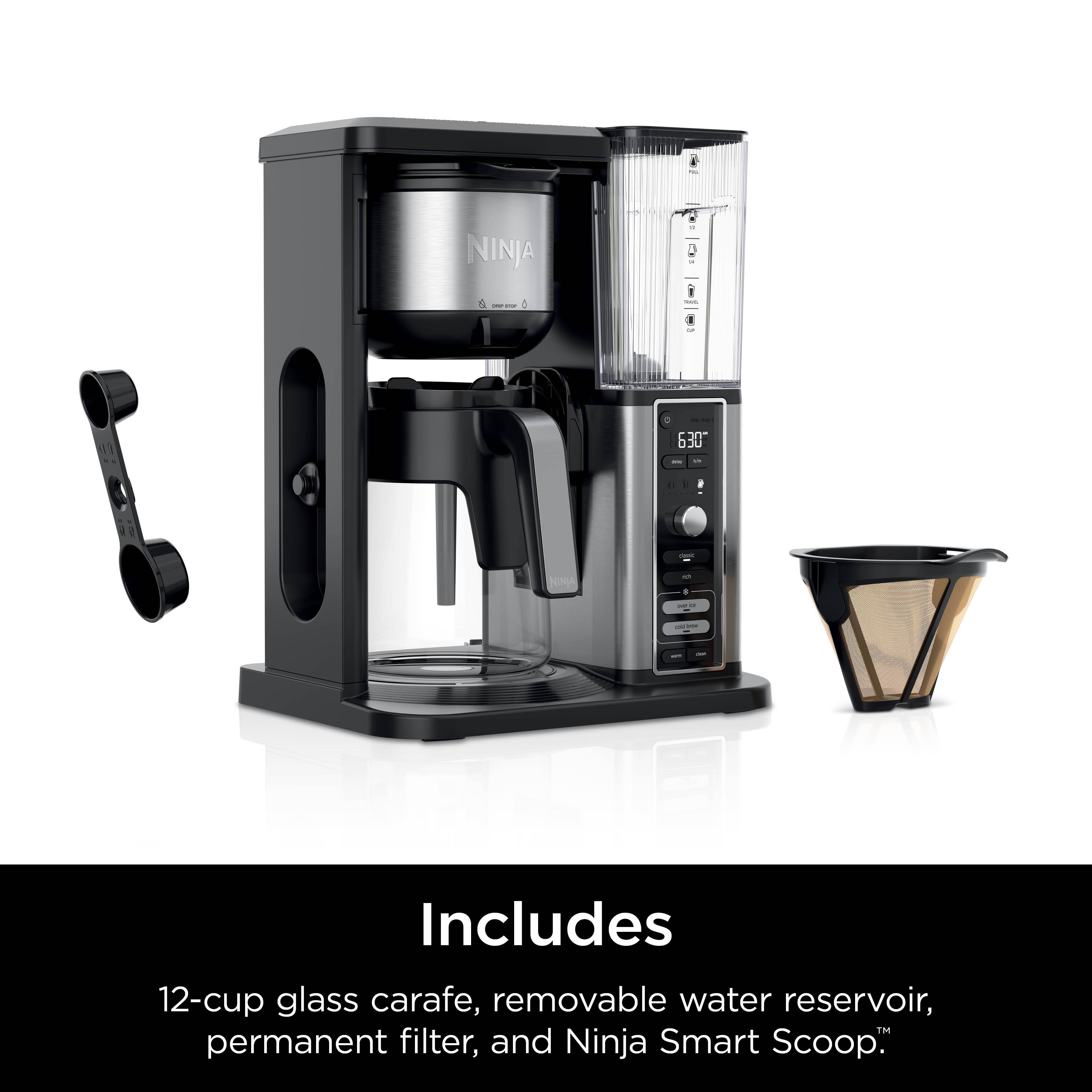 "Ninja 6 . J 1 630 Includes 12-cup glass carafe, removable water reservoir, permanent filter, and Ninja Smart Scoop."