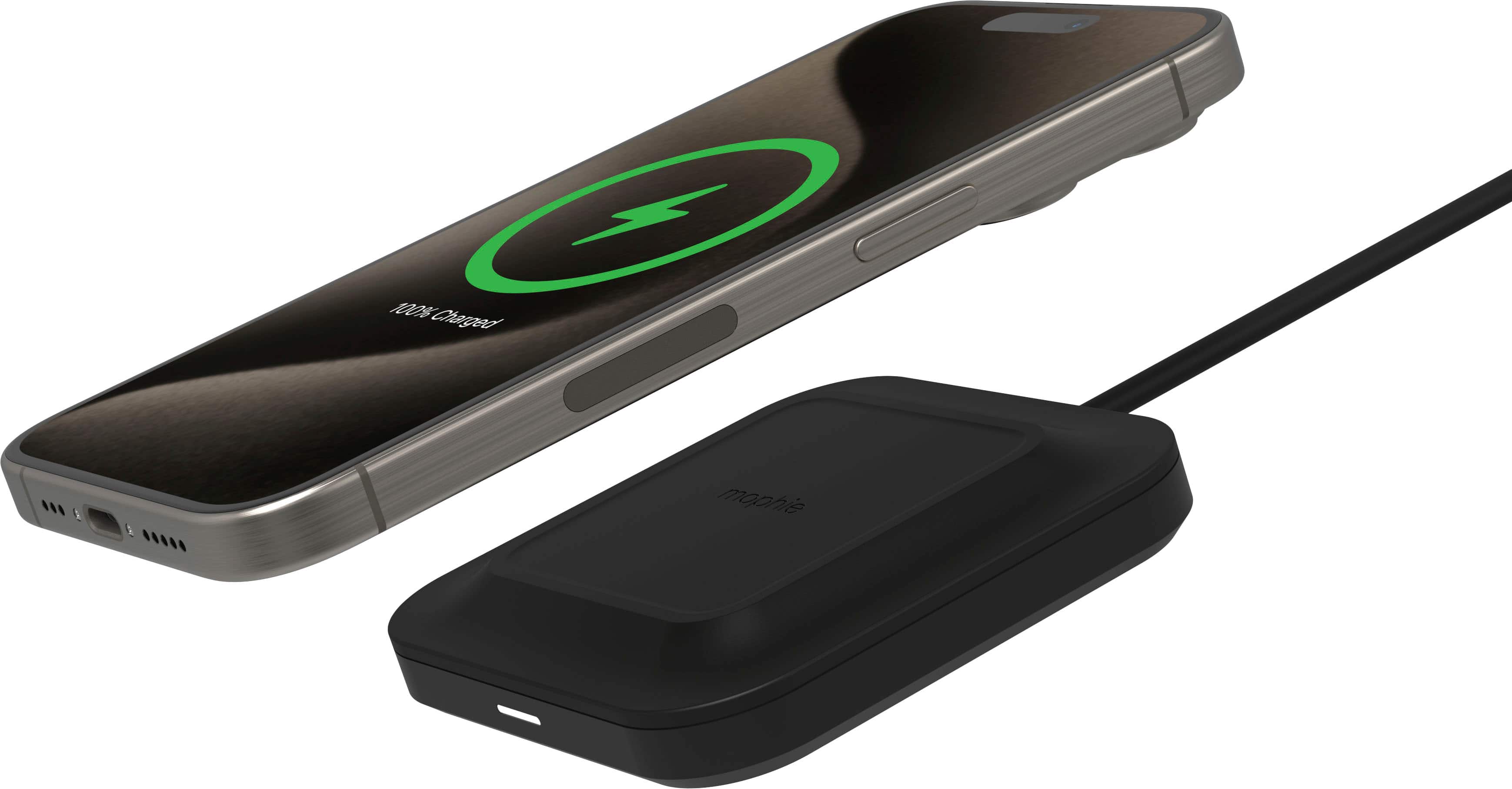 Front. mophie - 15W Wireless Pad for iPhone or Android - Black.