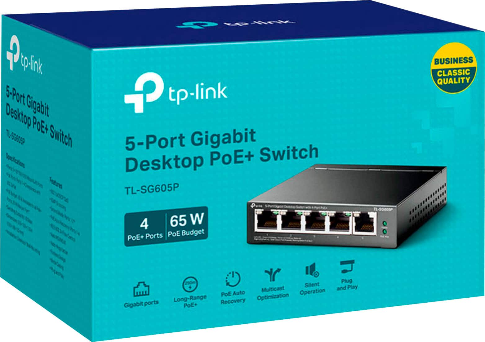 tp-link 5-Port Desktop Gigabit POE+ Switch TL-SG605P 4 65 W POE+ Ports POE Budget TL-SG6OSP Plug Silent Play Multicast and POE Auto Operation Long-Range Recovery Optimization Gigabit ports POE+