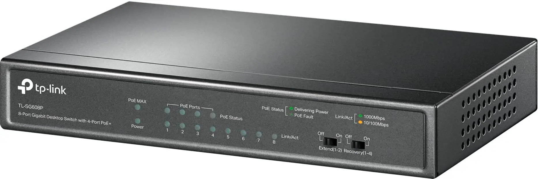 The text on the image reads: "TP-Link TL-SG608P 8-Port Gigabit Desktop Switch with 4-Port POE+ PoE MAX Power 1 PoE Ports 2 3 4 POE Status 5 6 7 8 Extend(1-2) Recovery(1-4) 1000Mbps 10/100Mbps Off On Link/Act L Off On."