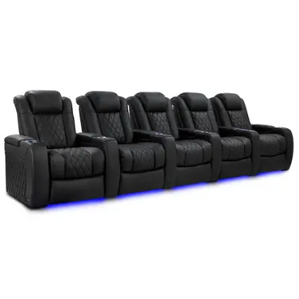 Angle. Valencia Theater Seating - Valencia Tuscany Luxury Edition Row of 5 Semi-Aniline Italian 20000 Nappa Leather Home Theater Seating - Onyx.