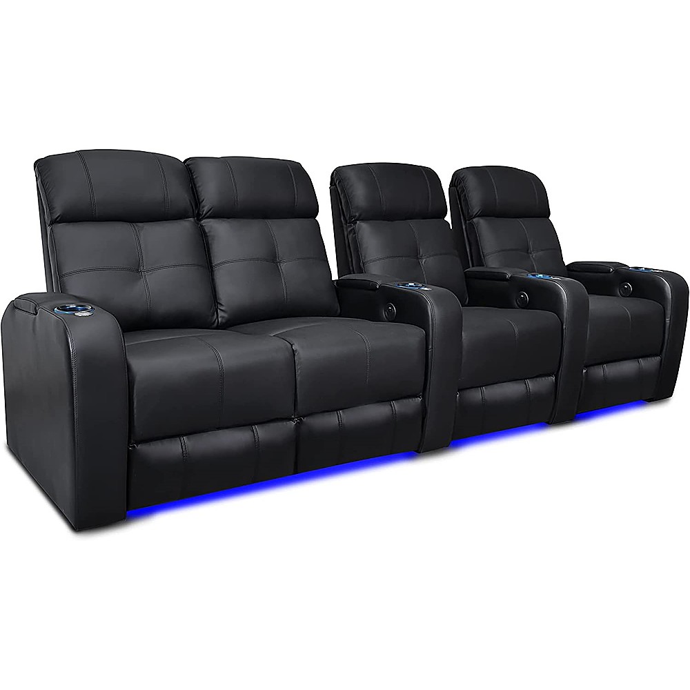 Angle View: Valencia Theater Seating - Valencia Verona Row of 4 Loveseat Left Top Grain Genuine Leather 9000 LED Cup Holders Home Theater Seating - Black