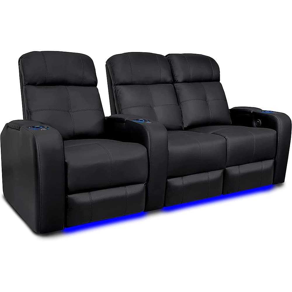 Angle View: Valencia Theater Seating - Valencia Verona Row of 3 Loveseat Right Top Grain Genuine Leather 9000 LED Cup Holders Home Theater Seating - Black