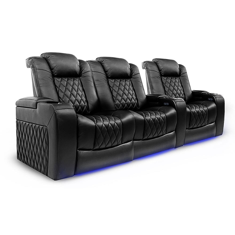 Angle View: Valencia Theater Seating - Valencia Tuscany Row of 3 Loveseat Left Premium Top Grain 11000 Nappa Leather Home Theater Seating - Midnight Black