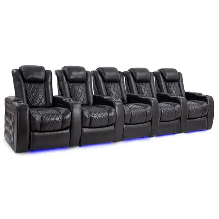 Angle. Valencia Theater Seating - Valencia Tuscany Slim Row of 5 Premium Top Grain 11000 Nappa Leather Home Theater Seating - Midnight Black.