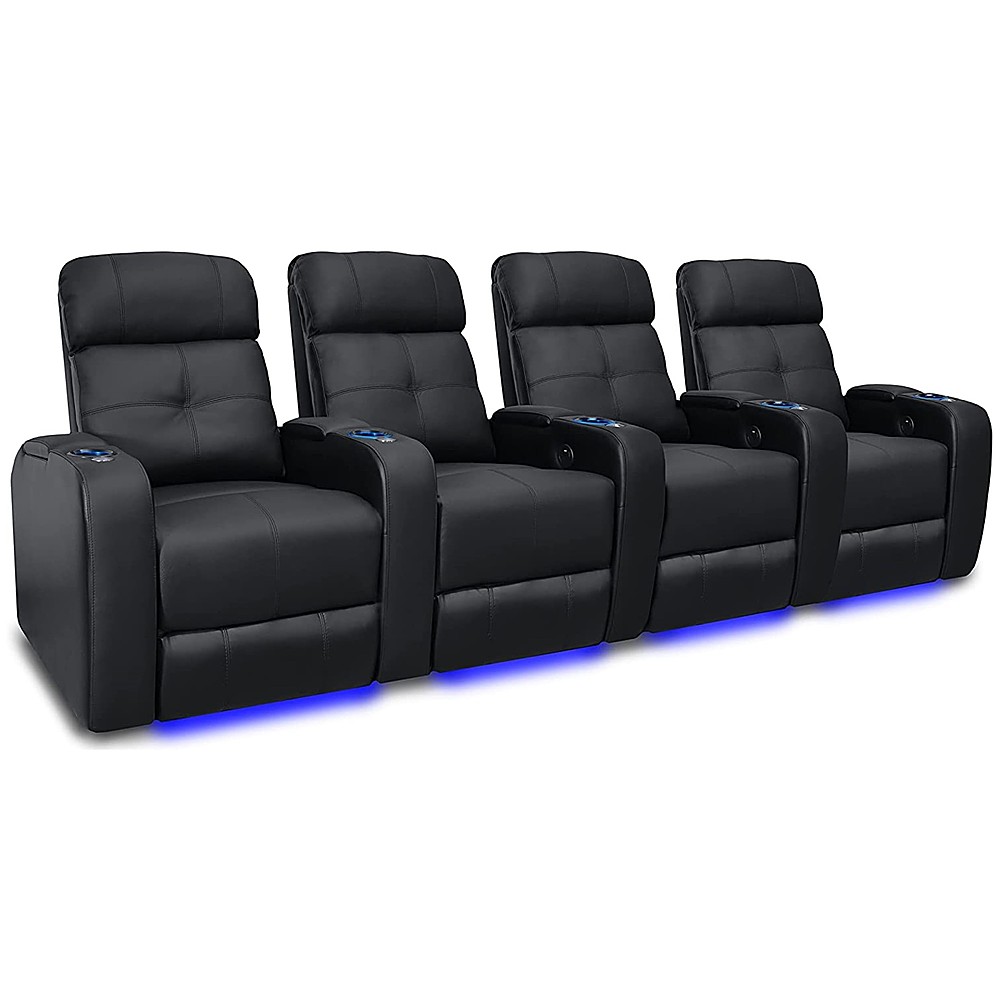 Angle View: Valencia Theater Seating - Valencia Verona Power Headrest Row of 4 Top Grain Genuine Leather 9000 Home Theater Seating - Black