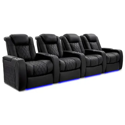 Angle. Valencia Theater Seating - Valencia Tuscany XL Luxury Edition Row of 4 Power Headrest Semi-Aniline Italian Nappa Leather 20000 Home Theater Seating - Onyx.