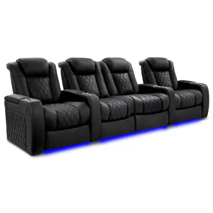 Angle. Valencia Theater Seating - Valencia Tuscany XL Luxury Edition Row of 4 Loveseat Center Semi-Aniline Italian Nappa Leather 20000 - Onyx.